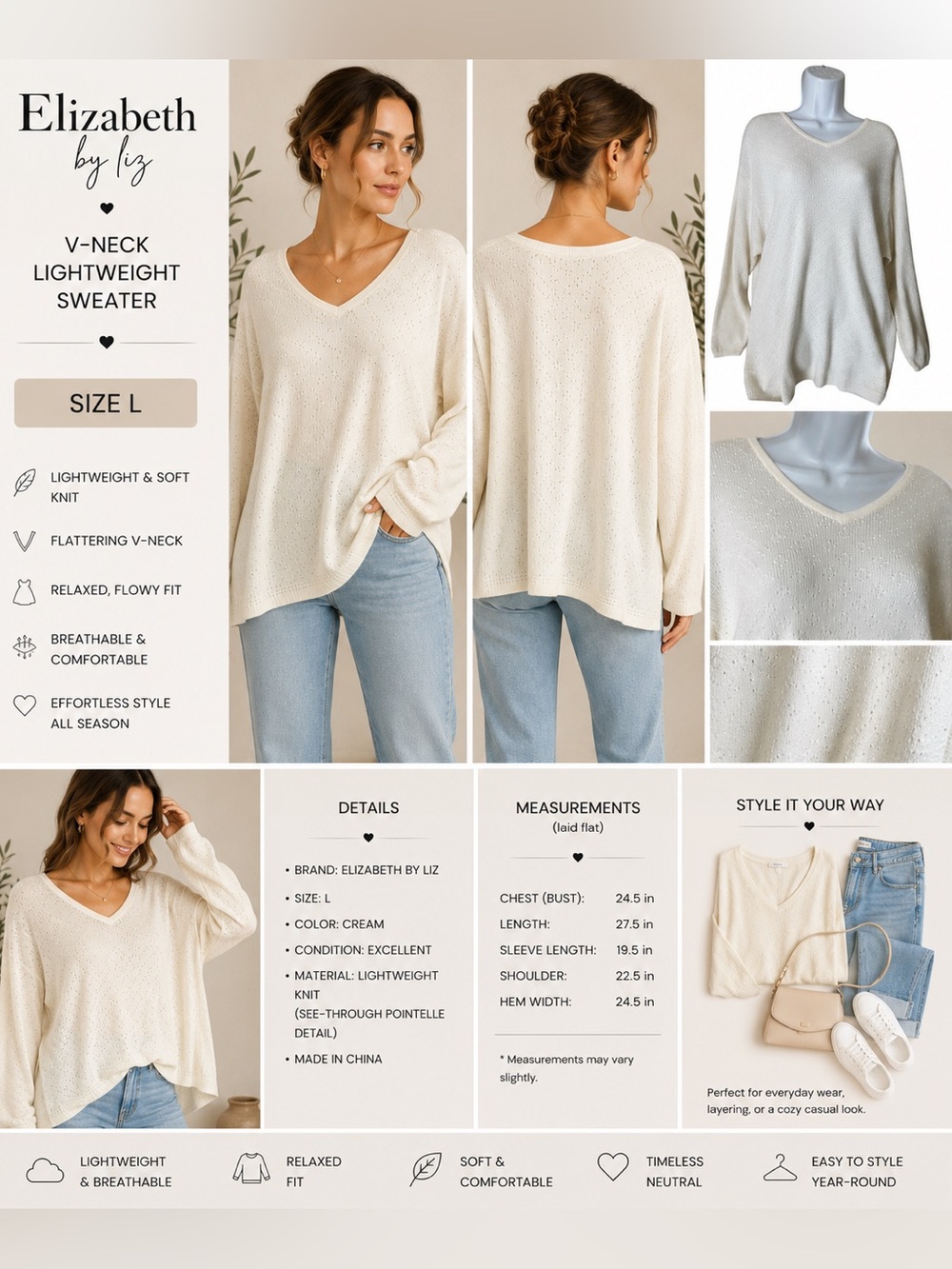 Elizabeth by Liz Claiborne Cream V-Neck Lightweight Sweater